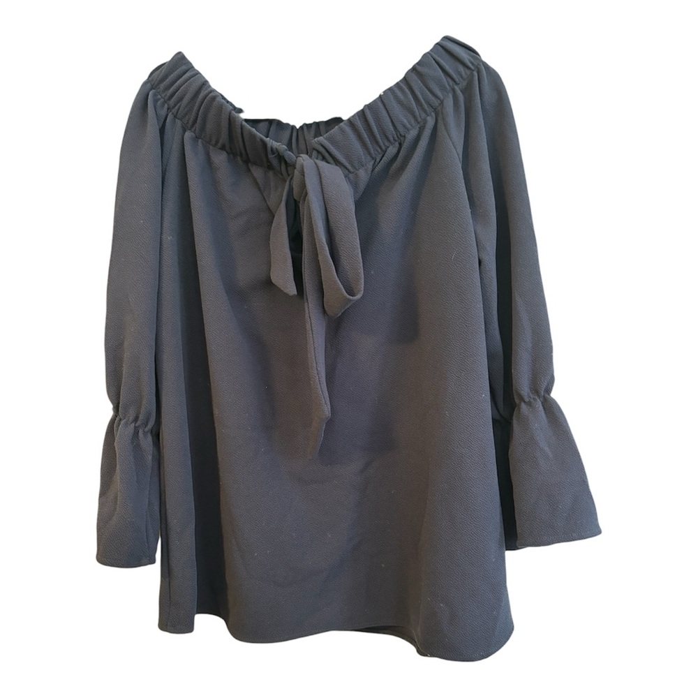 Dusty Navy Blue Off the Shoulder Blouse Cinched Long Bell Sleeves Tie Detail